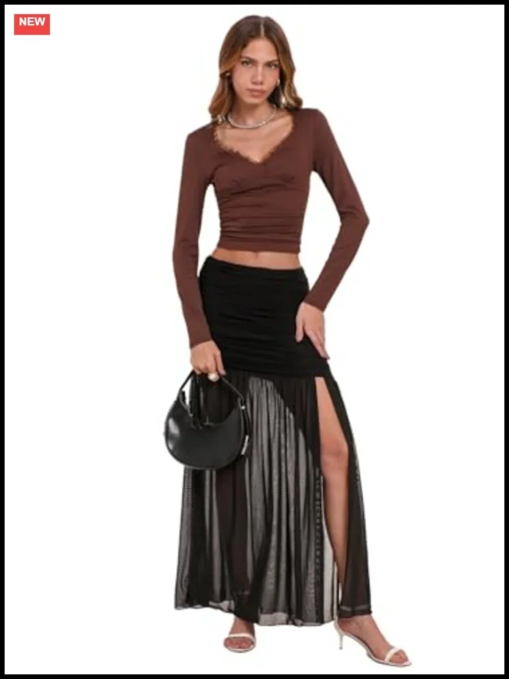 Women's Mesh Maxi Skirt Side Ruched Slit Hem Flowy Bodycon